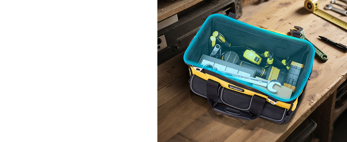 Heavy Duty Tool Bag with Multi-Pockets, Portable Tool Box Organizer StoraBag, with Adjustable Shoulder Strap and Ergonomic Handle (Black, 12" Standard Base)