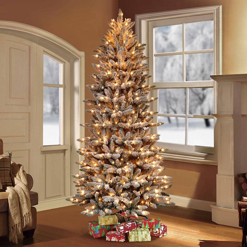 6.5 ft. Pre-Lit Flocked Slim Fraser Fir Artificial Christmas Tree with 350 UL-Listed Clear Lights