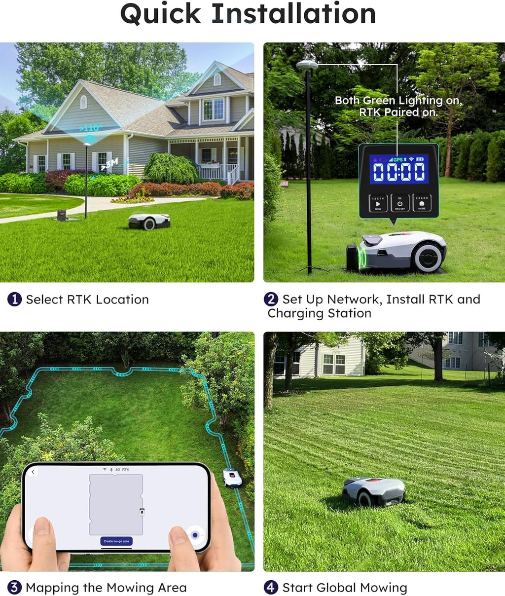 Genie3000 Robot Lawn Mower - NO Wire, Full Band RTK+4-Eye Vision Robotic Lawnmower for 3/4 Acre, Auto Mapping, Multi-Zone Management, Accurate Obstacle Avoidance