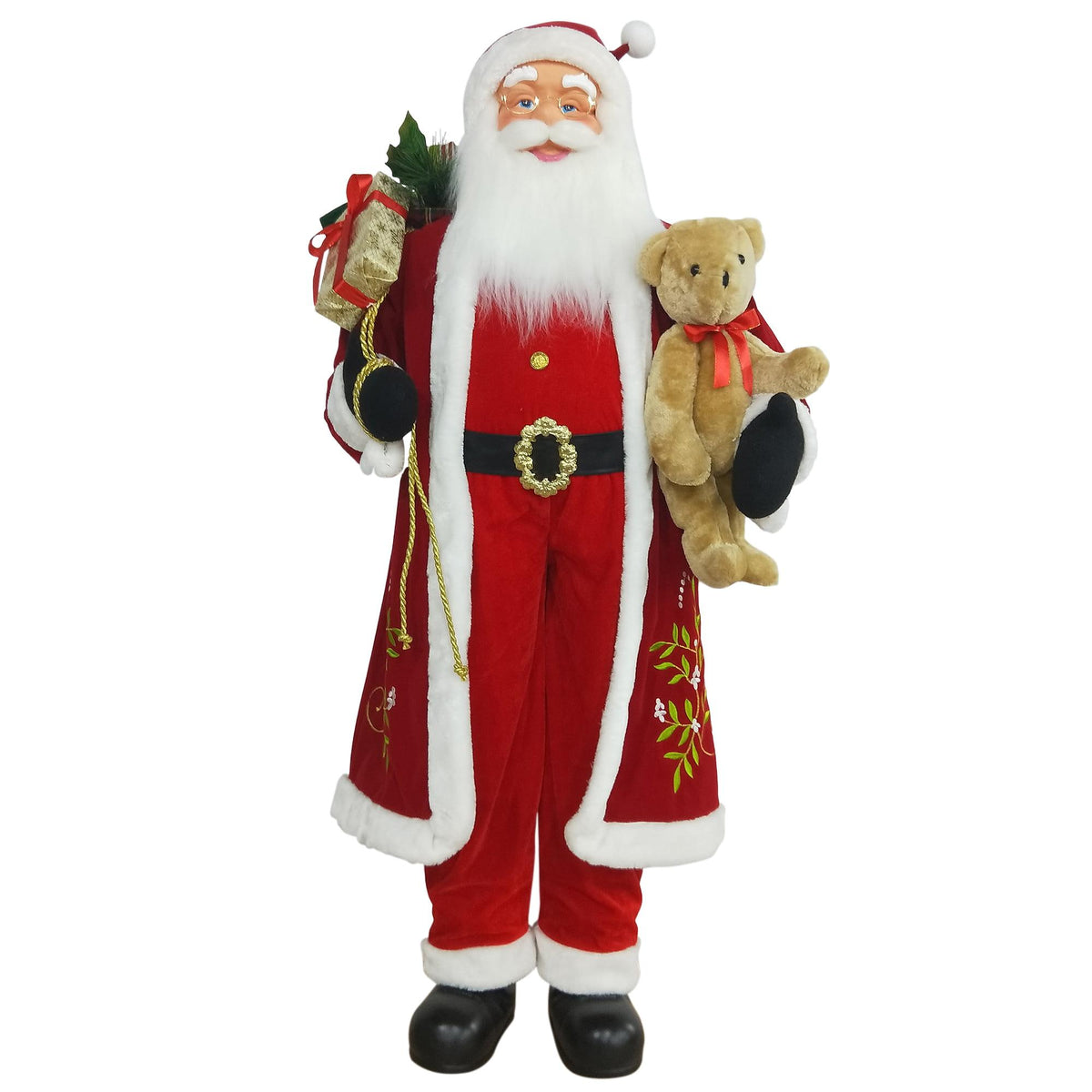 60" Traditional Santa Claus with Teddy Bear and Gift Bag Standing Christmas Figure