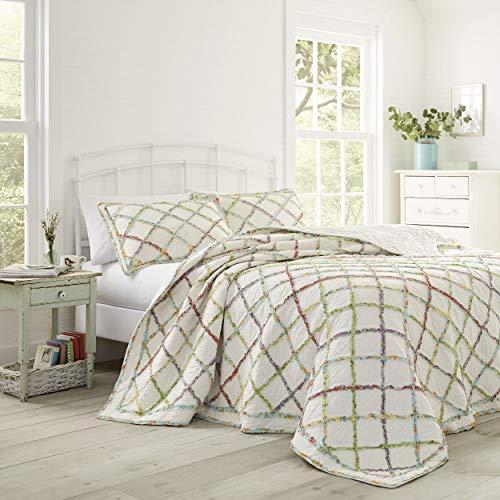 Laura Ashley Home Ruffle Garden Collection Quilt-Cotton, Ultra Soft, All Season Bedding, Reversible Stylish Coverlet, Full/Queen, Cream