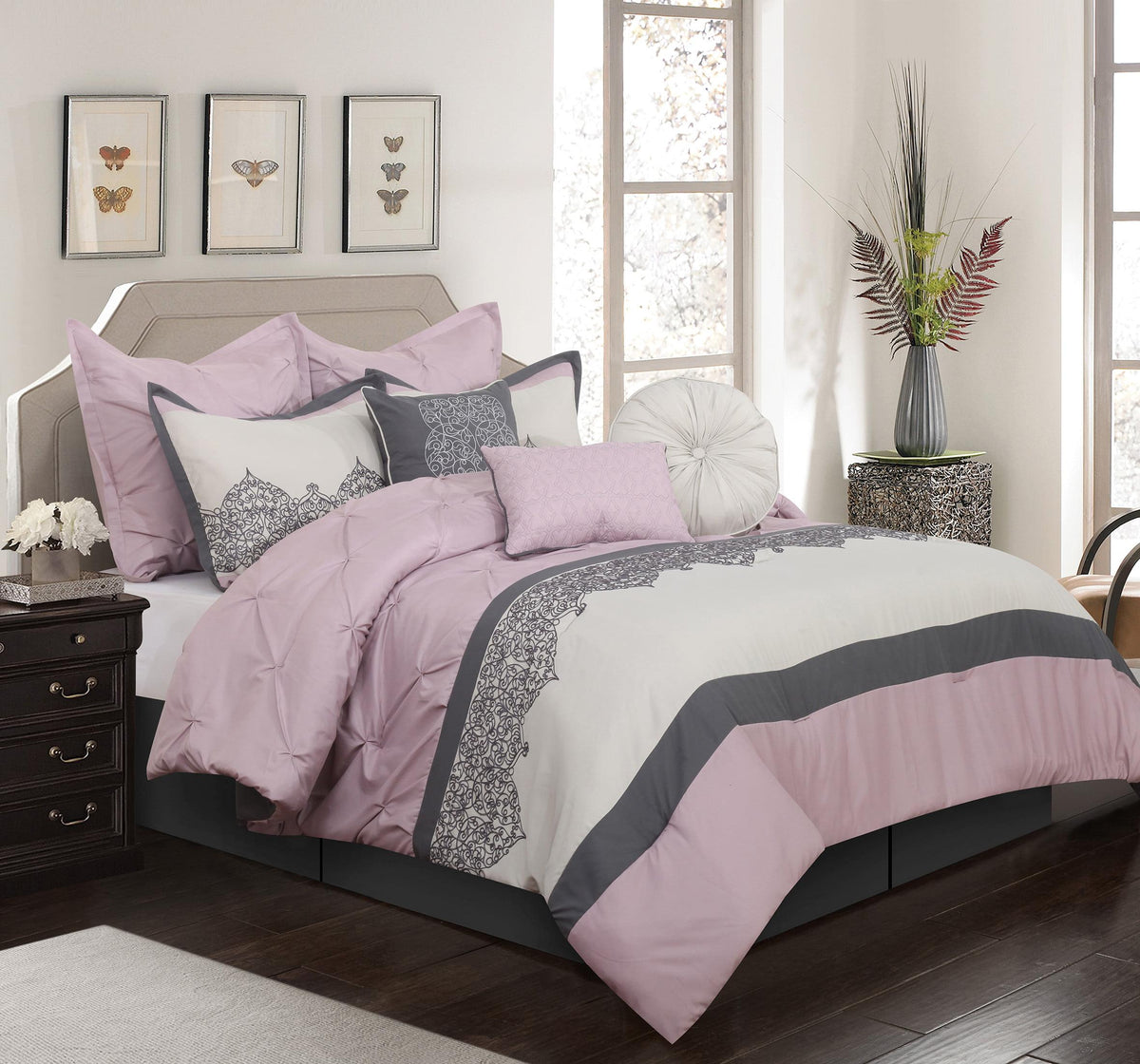 Nanshing Rosaline 7 Piece Microfiber Comforter Set with Bonus Pillows, Pink, King