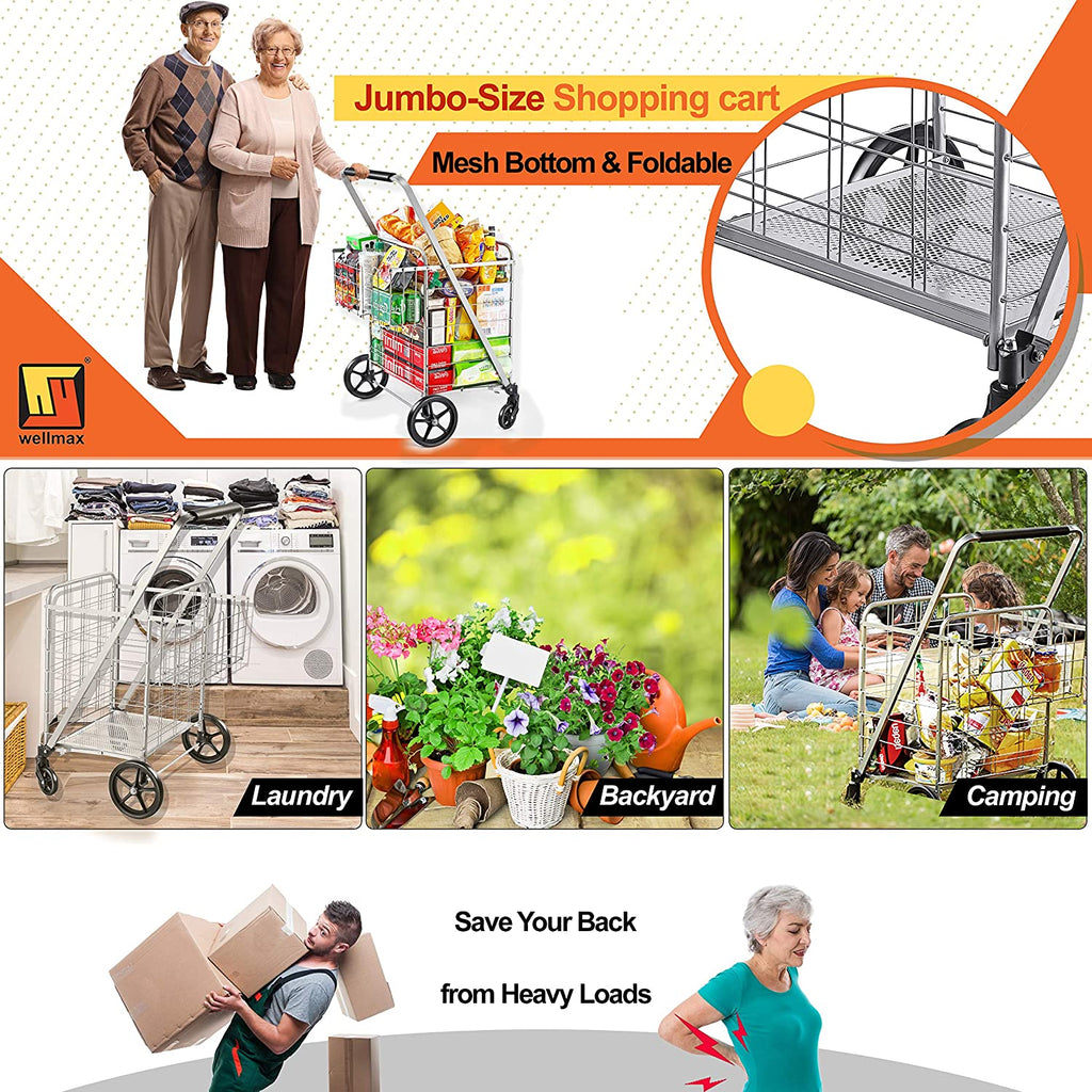 wellmax shopping cart with wheels, metal grocery cart with wheels, shopping carts for groceries