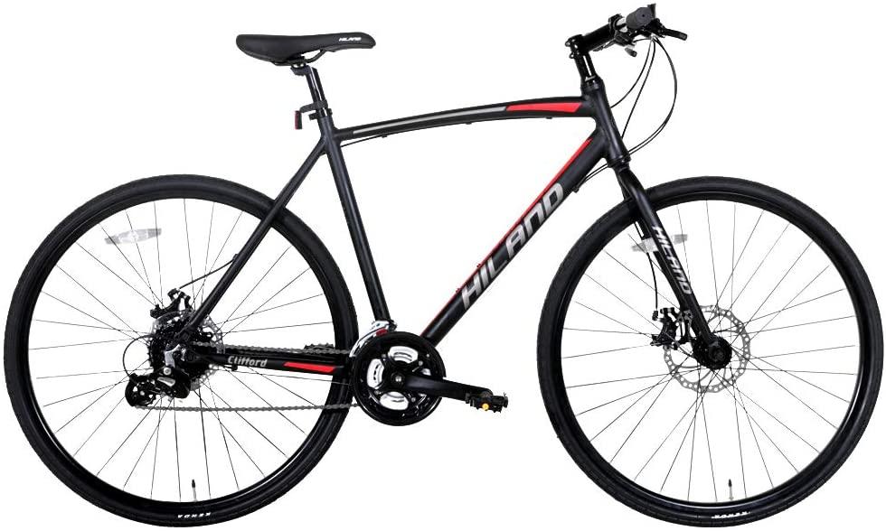 Hiland Road Hybrid Bike Urban City Commuter Bicycle with Disc Brake for Men Comfortable Bicycle 700C Wheels 24 speeds Bikes Black