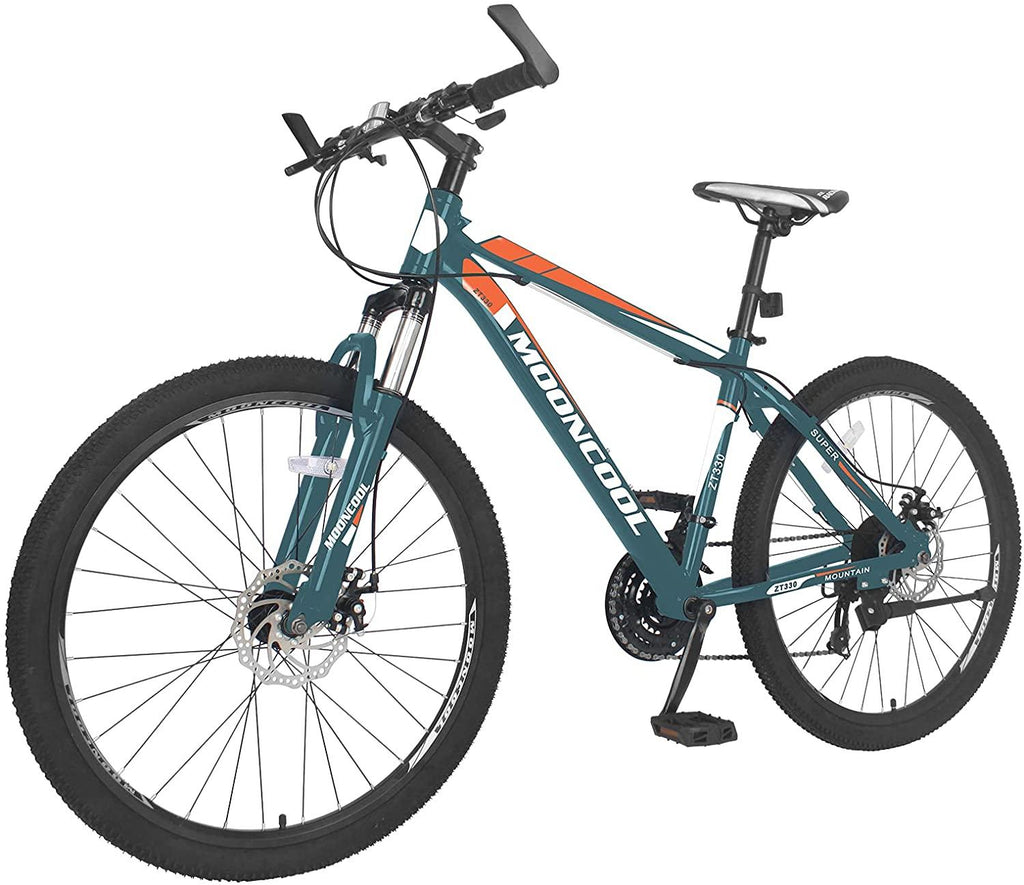 MOONCOOL 26 In. Wheel 21 Speeds Bicycle Mountain Bike Double Disc Brakes and Derailleur, Suspension Fork, Unisex MTB Bike for Women and Men Youth Lightweight Aluminum and Steel Frame