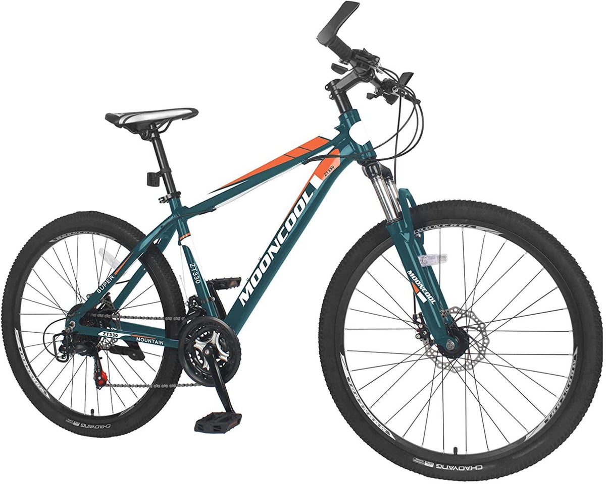 MOONCOOL 26 In. Wheel 21 Speeds Bicycle Mountain Bike Double Disc Brakes and Derailleur, Suspension Fork, Unisex MTB Bike for Women and Men Youth Lightweight Aluminum and Steel Frame