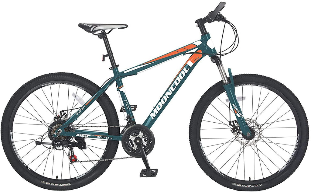 MOONCOOL 26 In. Wheel 21 Speeds Bicycle Mountain Bike Double Disc Brakes and Derailleur, Suspension Fork, Unisex MTB Bike for Women and Men Youth Lightweight Aluminum and Steel Frame