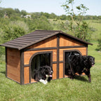 Merry Products Merry Products Darker Stain Duplex Dog House with Dog Doors, Wood, Extra Large