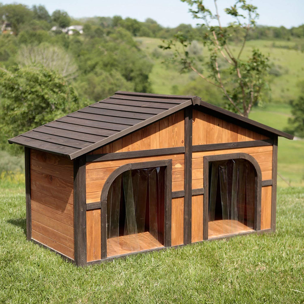 Merry Products Merry Products Darker Stain Duplex Dog House with Dog Doors, Wood, Extra Large