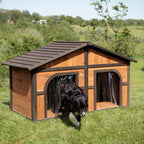 Merry Products Merry Products Darker Stain Duplex Dog House with Dog Doors, Wood, Extra Large