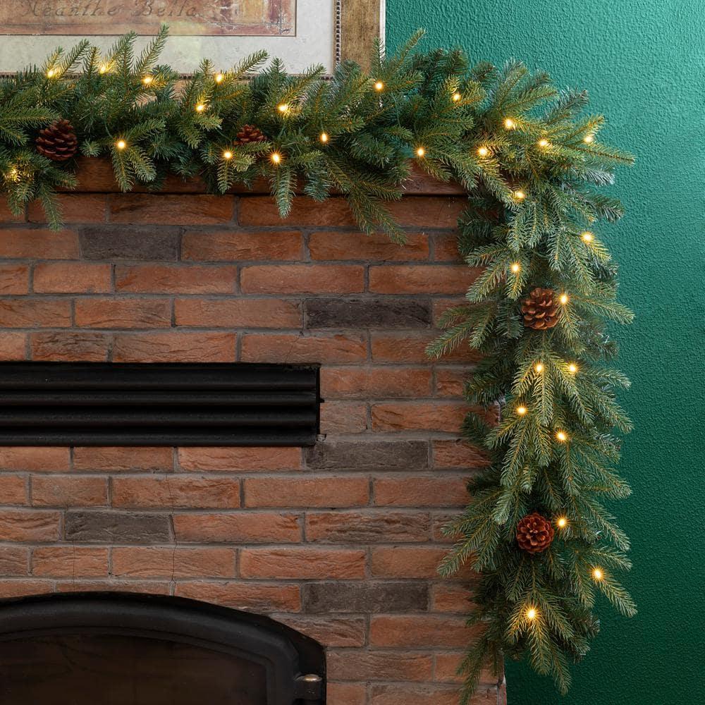 9 ft. L Pre-Lit Greenery Pine Cone Artificial Christmas Garland with Warm White LED Light (2-Pack)