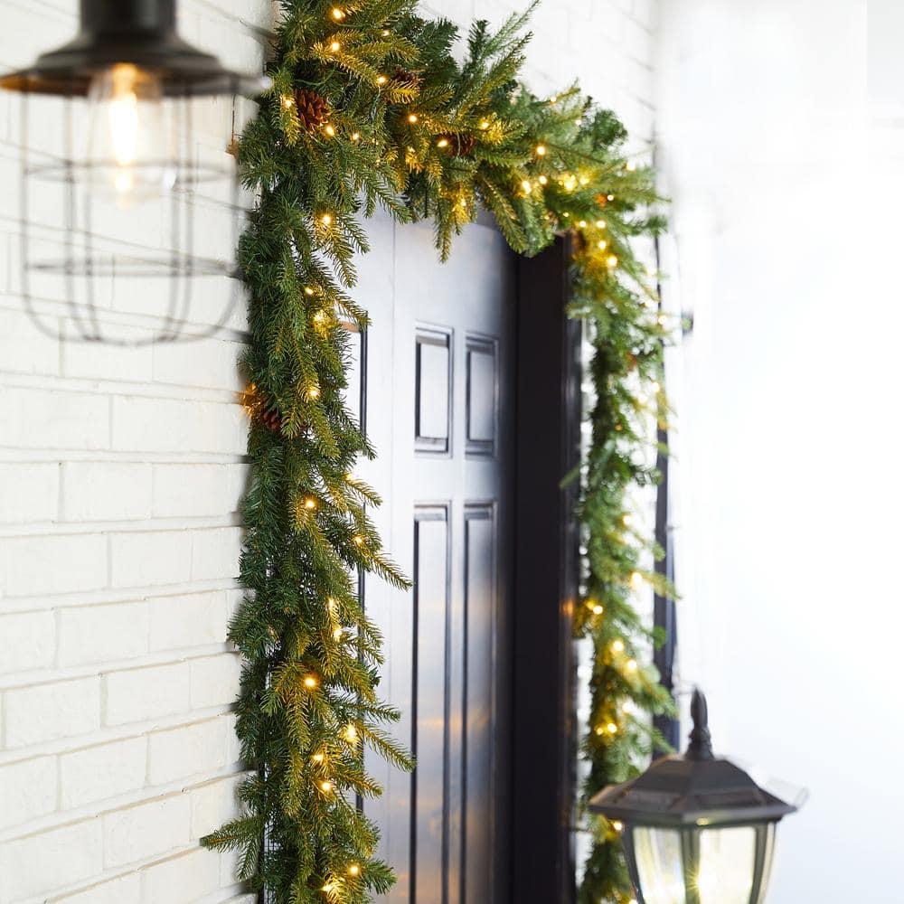 9 ft. L Pre-Lit Greenery Pine Cone Artificial Christmas Garland with Warm White LED Light (2-Pack)