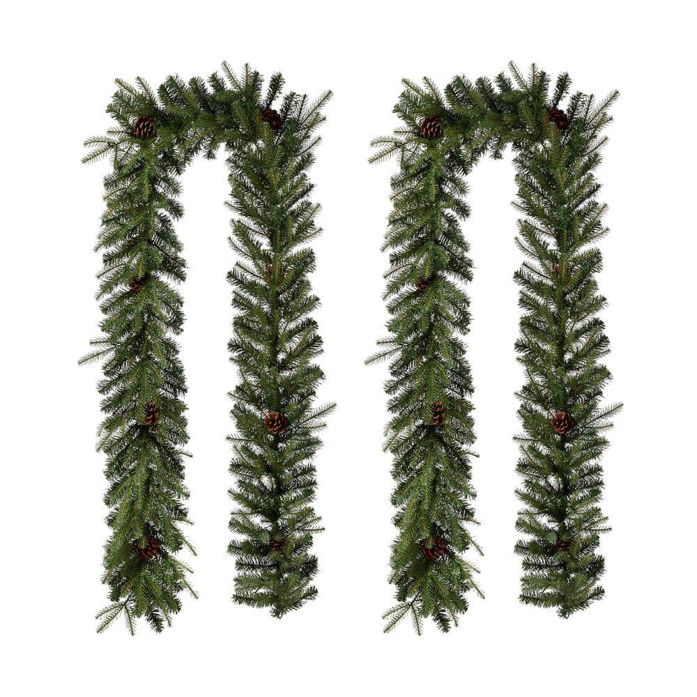 9 ft. L Pre-Lit Greenery Pine Cone Artificial Christmas Garland with Warm White LED Light (2-Pack)