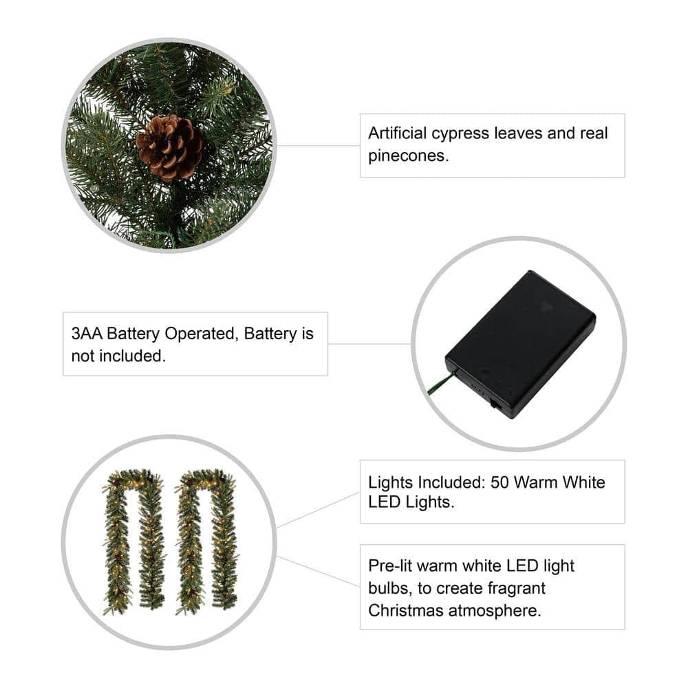 9 ft. L Pre-Lit Greenery Pine Cone Artificial Christmas Garland with Warm White LED Light (2-Pack)