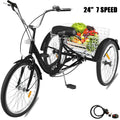 Adult Tricycle 24",7-Speed Three Wheel Bike Cruise Bike Seat Adjustable Trike with Bell, Brake System and Basket Cruiser Bicycles Size for Shopping,Black