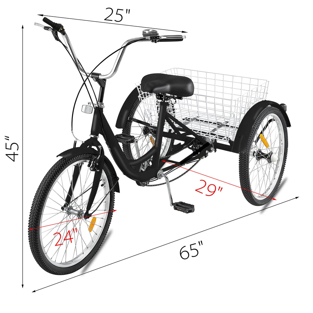 Adult Tricycle 24",7-Speed Three Wheel Bike Cruise Bike Seat Adjustable Trike with Bell, Brake System and Basket Cruiser Bicycles Size for Shopping,Black