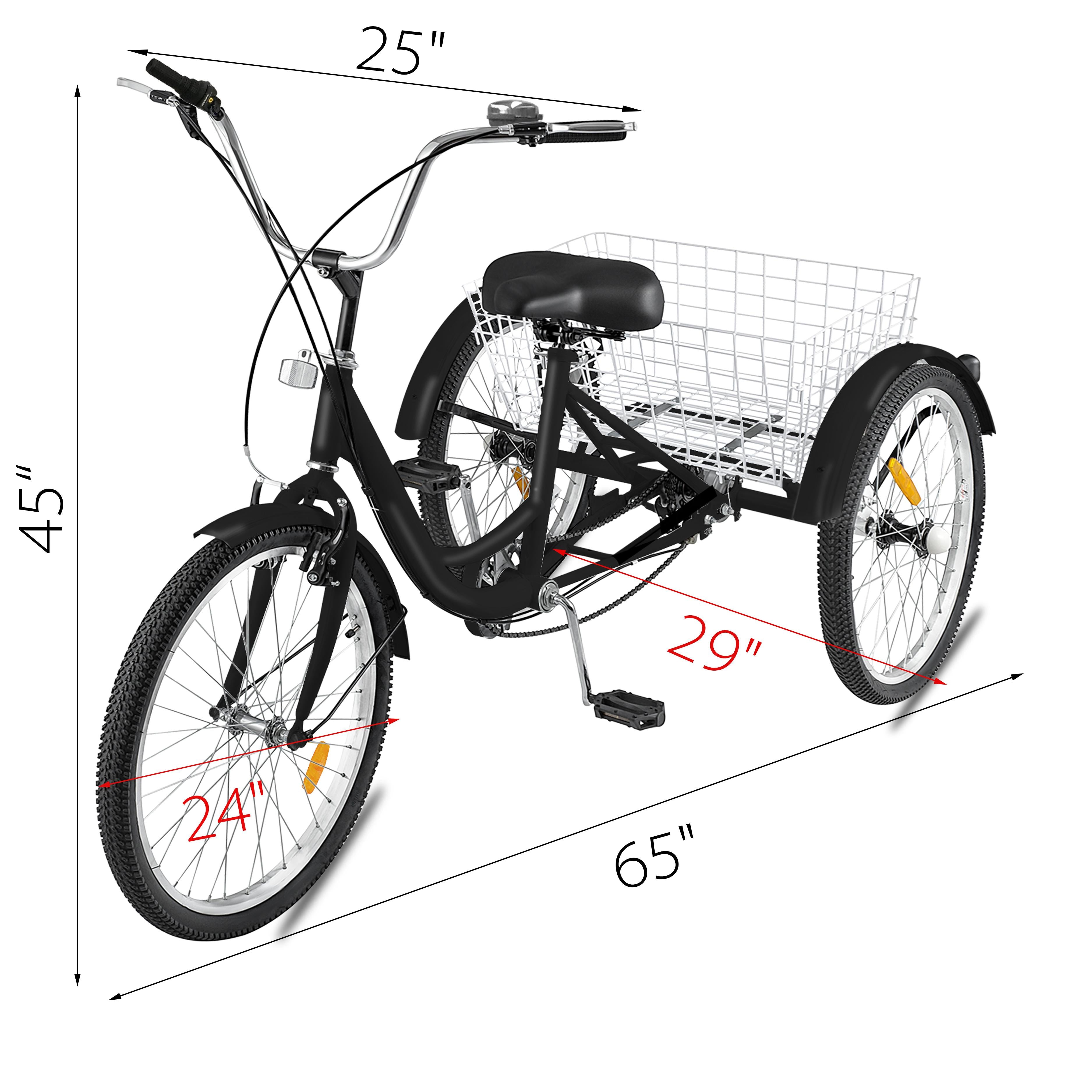 Adult Tricycle 24",7-Speed Three Wheel Bike Cruise Bike Seat Adjustable Trike with Bell, Brake System and Basket Cruiser Bicycles Size for Shopping,Black