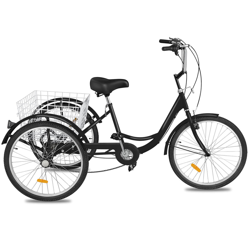 Adult Tricycle 24",7-Speed Three Wheel Bike Cruise Bike Seat Adjustable Trike with Bell, Brake System and Basket Cruiser Bicycles Size for Shopping,Black