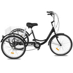 Adult Tricycle 24",7-Speed Three Wheel Bike Cruise Bike Seat Adjustable Trike with Bell, Brake System and Basket Cruiser Bicycles Size for Shopping,Black