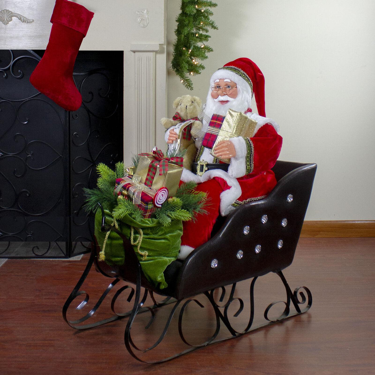 Northlight 32" Jolly Santa Claus in a Black and Jewel Sleigh Christmas Figure