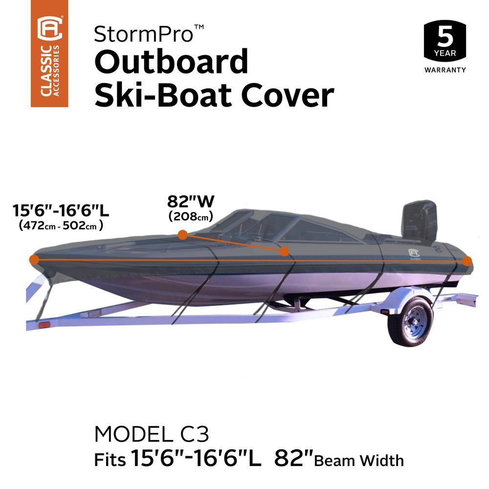 StormPro 15 ft. 6 in. to 16 ft. 6 in. L x 82 in. W Beam Outboard Ski-Boat Cover with Support Pole Fits (Model C3)
