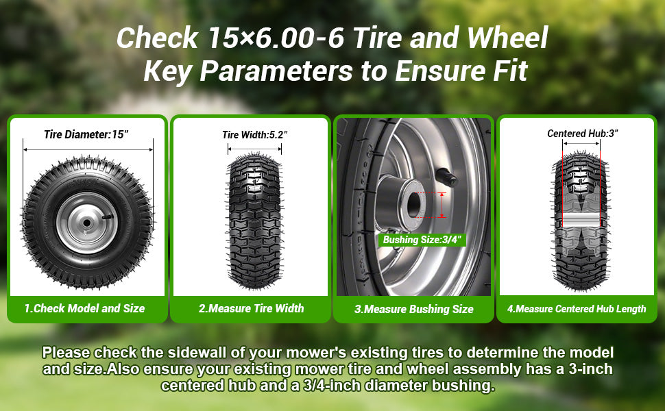 (2 Pack)  15x6.00-6nhs Lawn Mower Tires and Wheel Assembly, Replacement Riding Lawn Mower Front Tires, Compatible with    Lawn Mowers, 3/4" Bushings, 3" Centered Hub