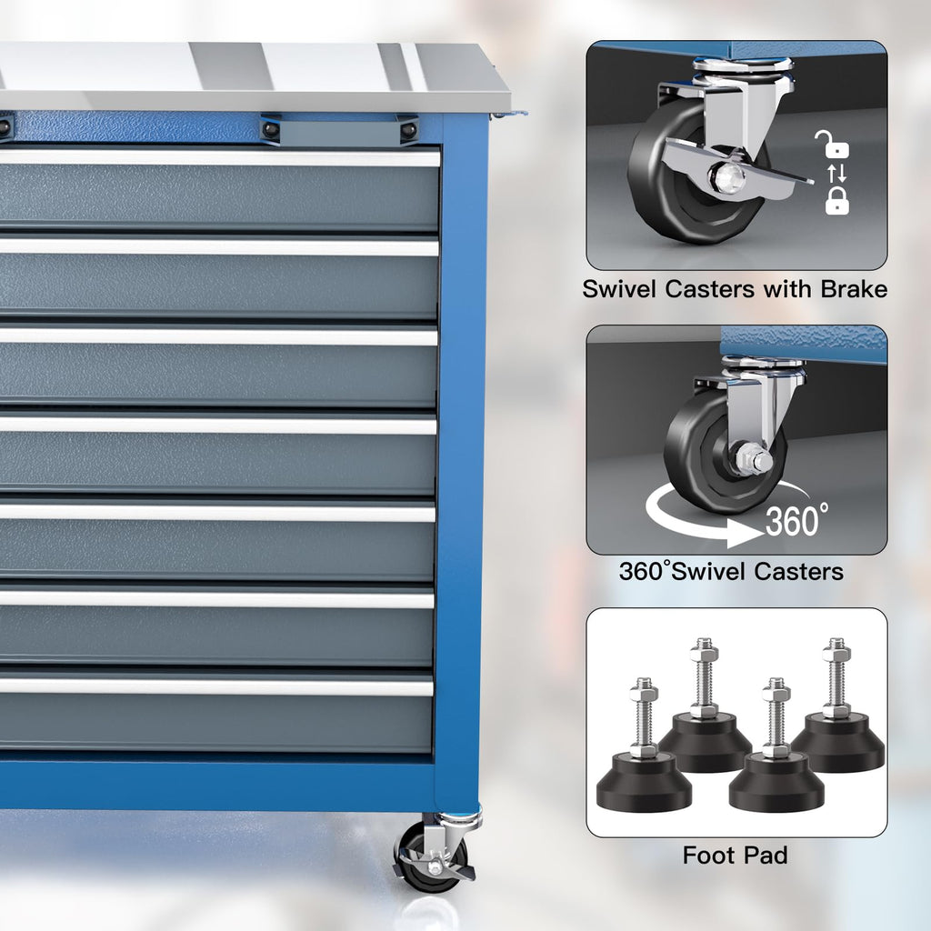 20 Drawer Rolling Tool Chest Combo,Tool Cabinet with  Countertop, Modular Tool Chest with LocDrawers and Connection Parts, 360° Swivel BraWheels & Padded Feet, Blue
