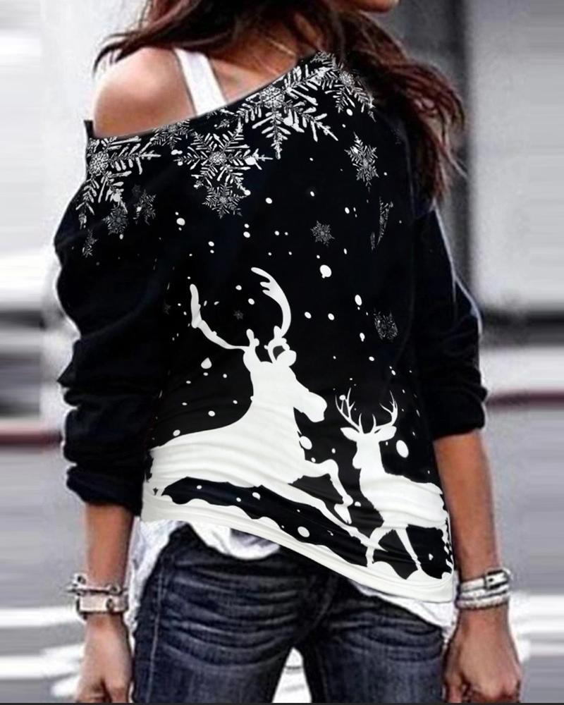 christmas reindeer print long sleeve sweatshirt