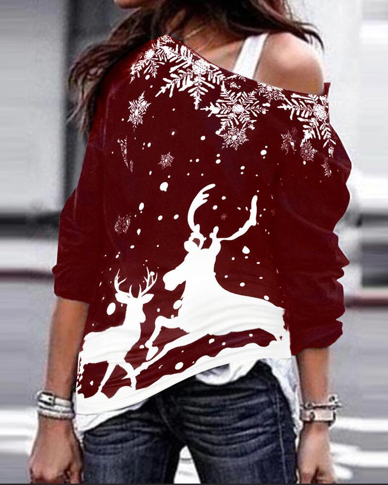 christmas reindeer print long sleeve sweatshirt