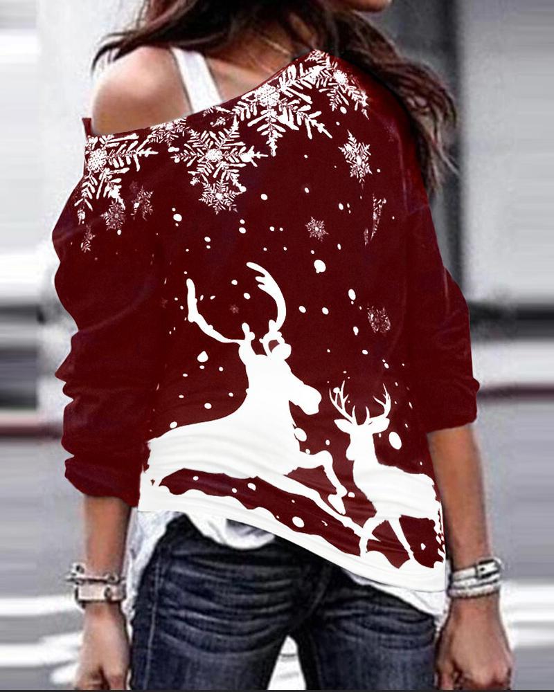 christmas reindeer print long sleeve sweatshirt