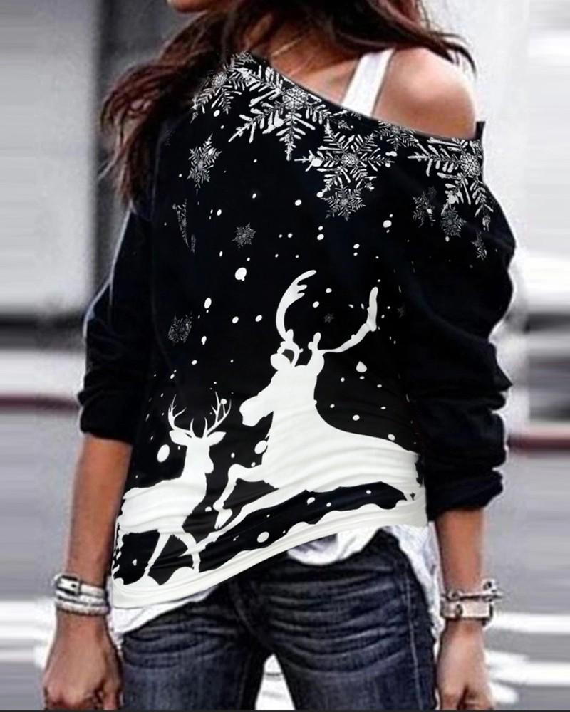 christmas reindeer print long sleeve sweatshirt
