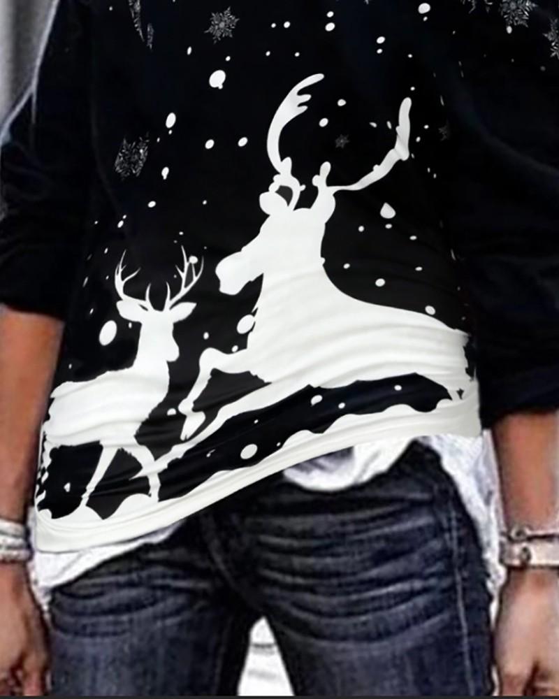 christmas reindeer print long sleeve sweatshirt