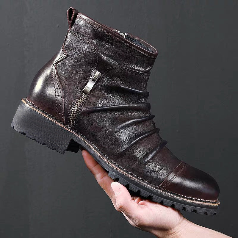Vintage Zip Round Tie Leather Boots