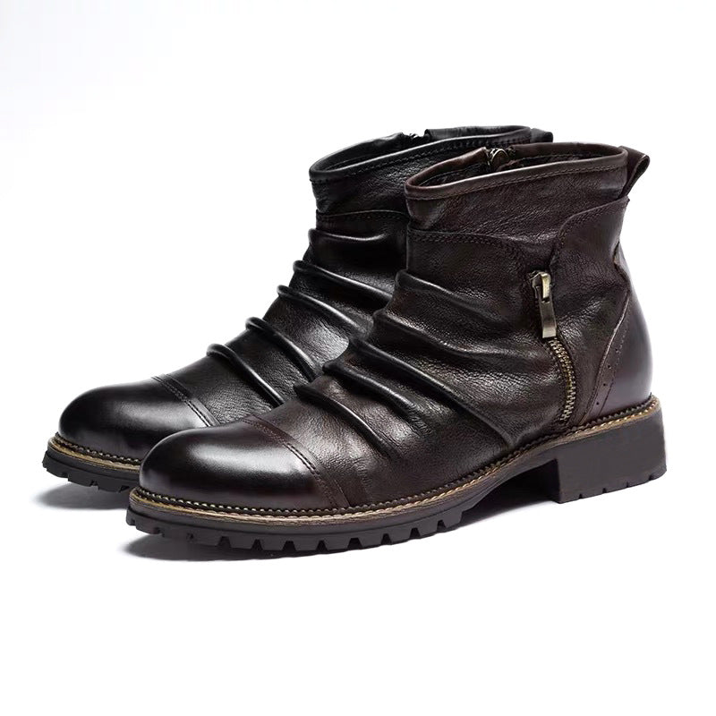 Vintage Zip Round Tie Leather Boots