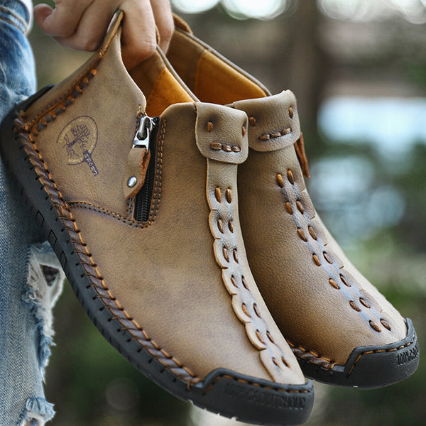 Men Hand Stitching Leather Non Slip Side Zipper Casual Boots