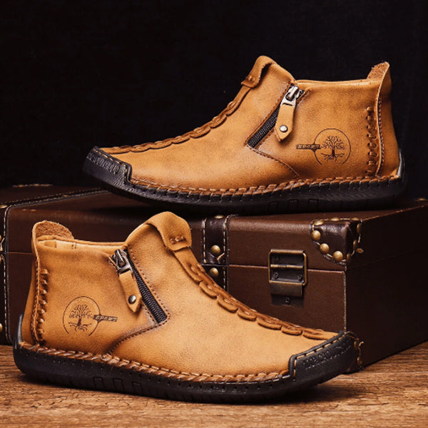 Men Hand Stitching Leather Non Slip Side Zipper Casual Boots
