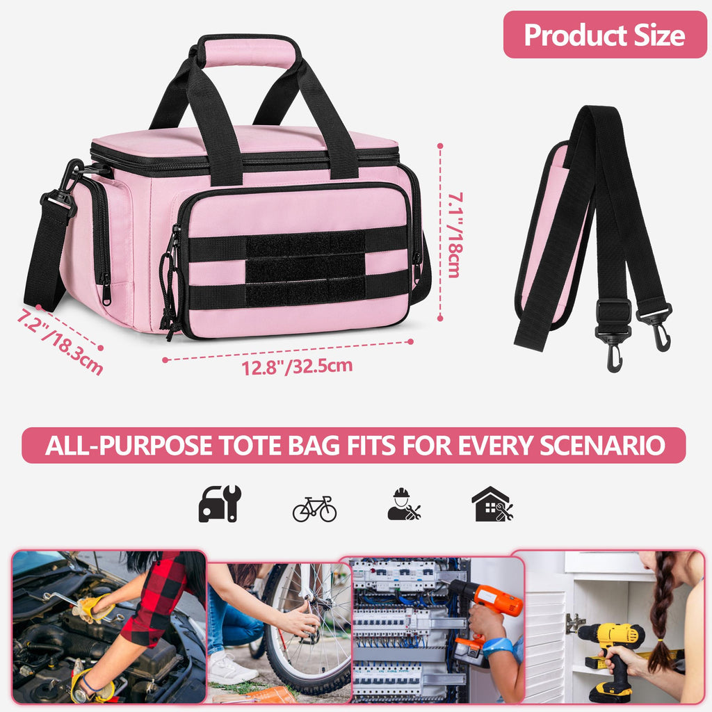 Pink Tool Bag for Women, Tool Organizer with Anti-friction Bottom | Detachable Divider, Wrapped Handles, Adjustable Shoulder Strap, Tactical RanBag for Electrician, Carpenters, Repairman