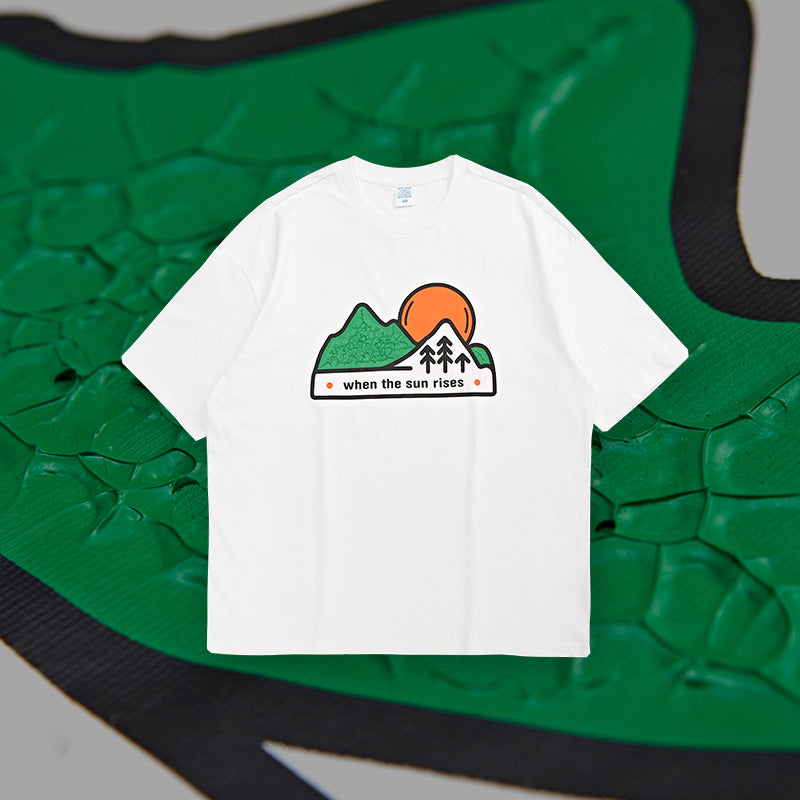 Cartoon Sunset Mountain Forest Three-dimensional Print T-shirt