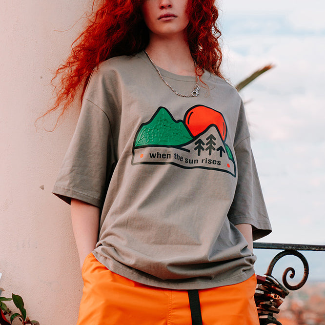 Cartoon Sunset Mountain Forest Three-dimensional Print T-shirt