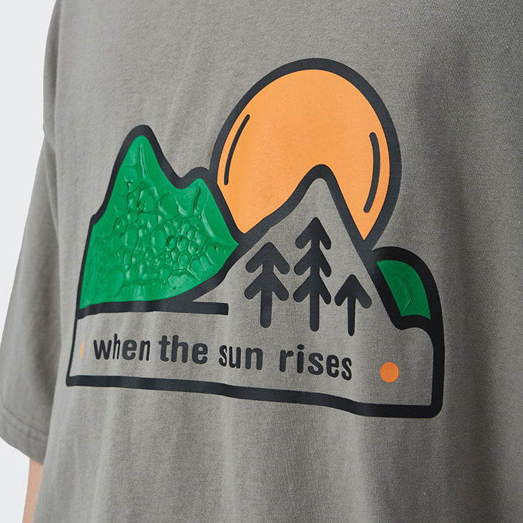 Cartoon Sunset Mountain Forest Three-dimensional Print T-shirt