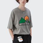 Cartoon Sunset Mountain Forest Three-dimensional Print T-shirt