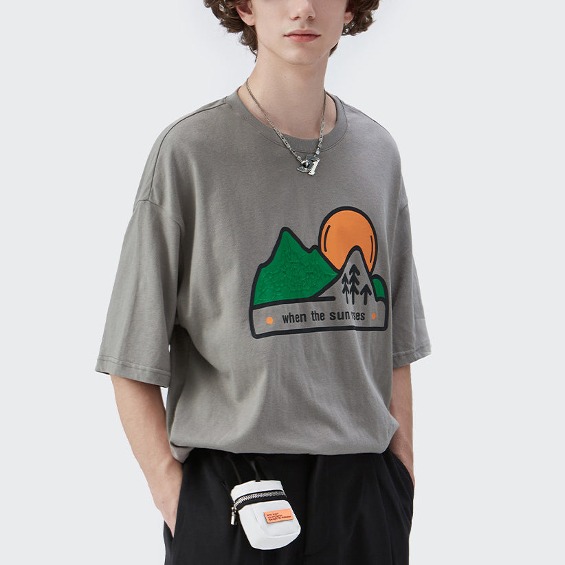 Cartoon Sunset Mountain Forest Three-dimensional Print T-shirt