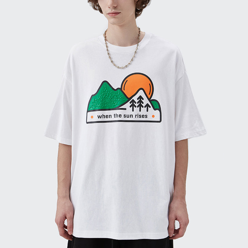 Cartoon Sunset Mountain Forest Three-dimensional Print T-shirt