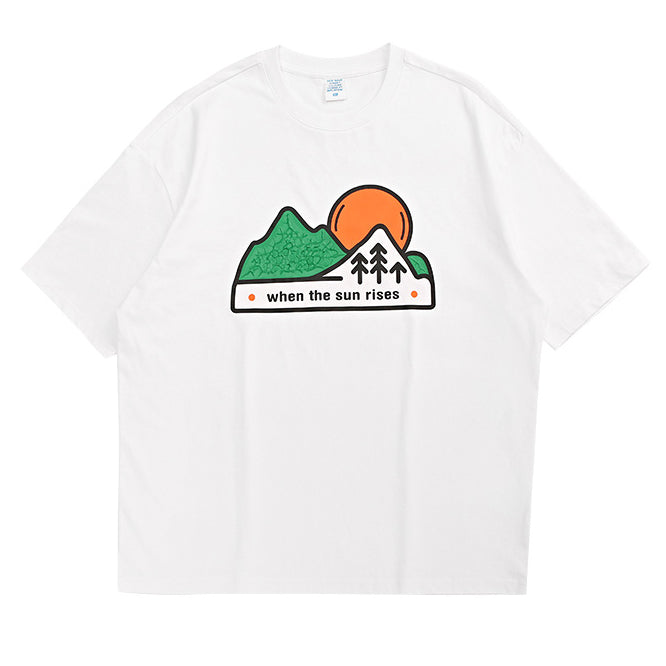 Cartoon Sunset Mountain Forest Three-dimensional Print T-shirt