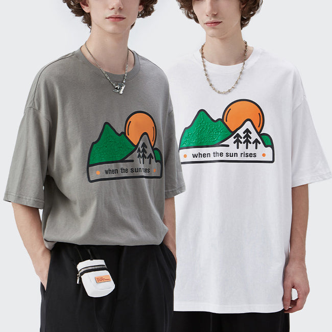 Cartoon Sunset Mountain Forest Three-dimensional Print T-shirt