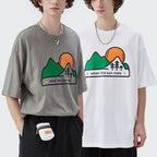 Cartoon Sunset Mountain Forest Three-dimensional Print T-shirt