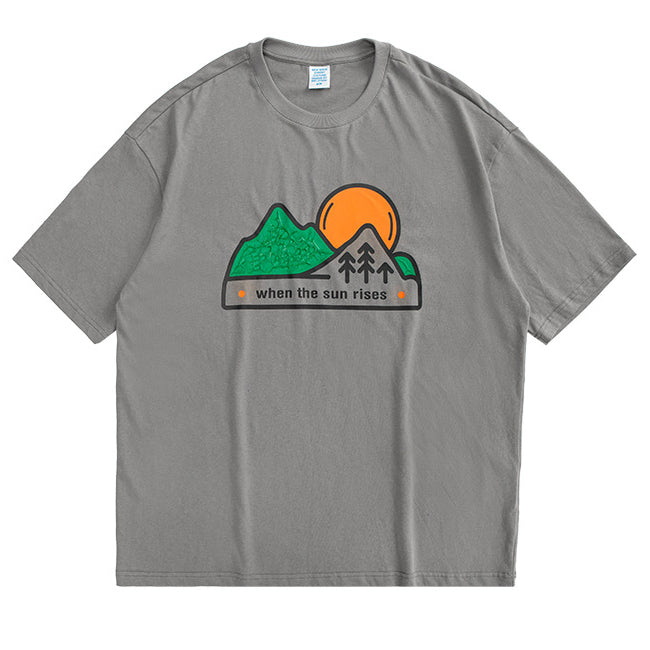 Cartoon Sunset Mountain Forest Three-dimensional Print T-shirt