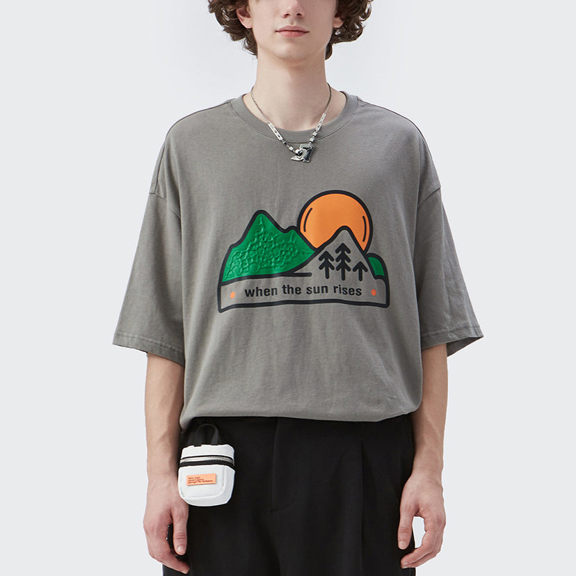 Cartoon Sunset Mountain Forest Three-dimensional Print T-shirt