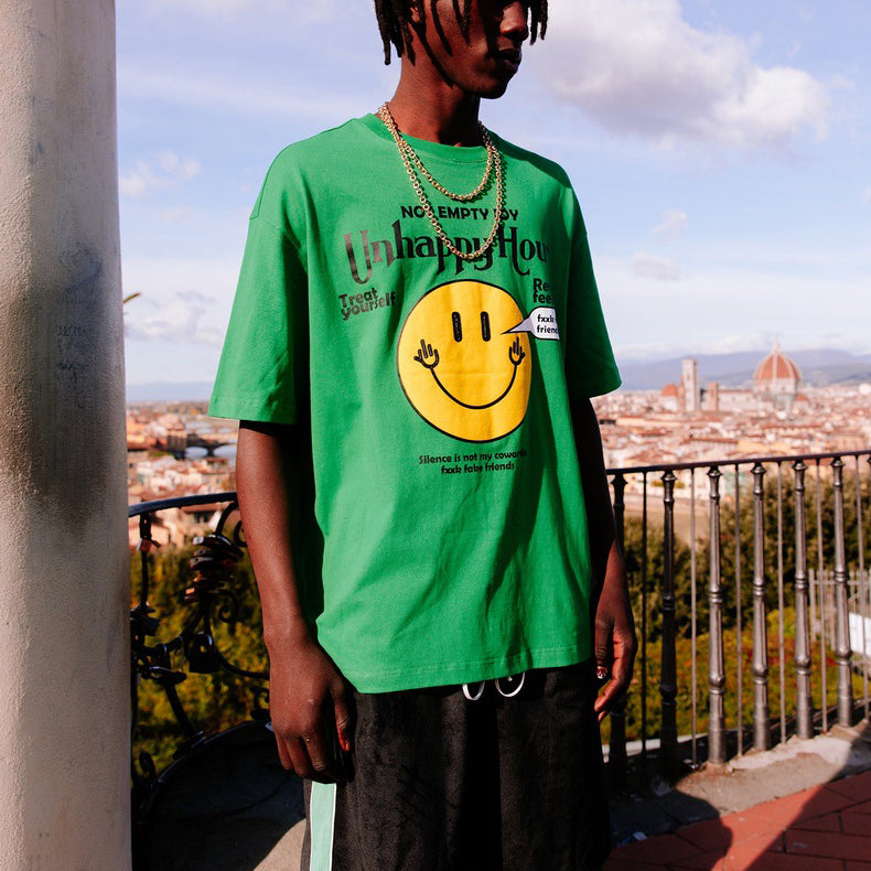 Classic Smiley Texture Printed Short-sleeved T-shirt