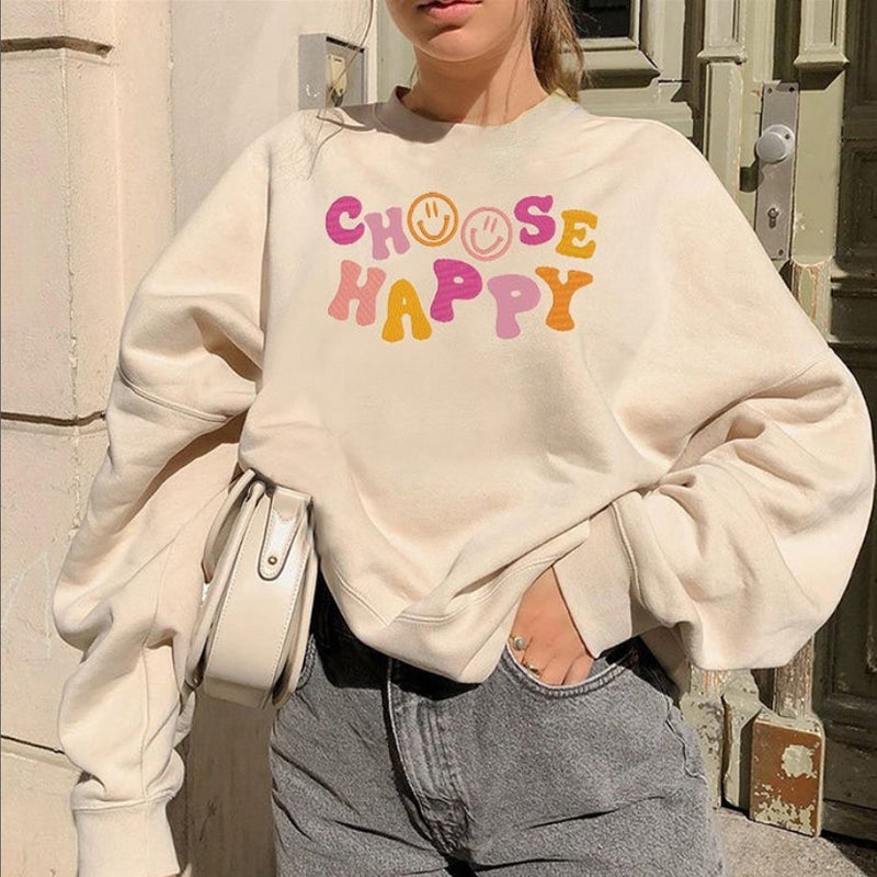 CHOOSE HAPPY Smile Face Oversized Sweatshirt